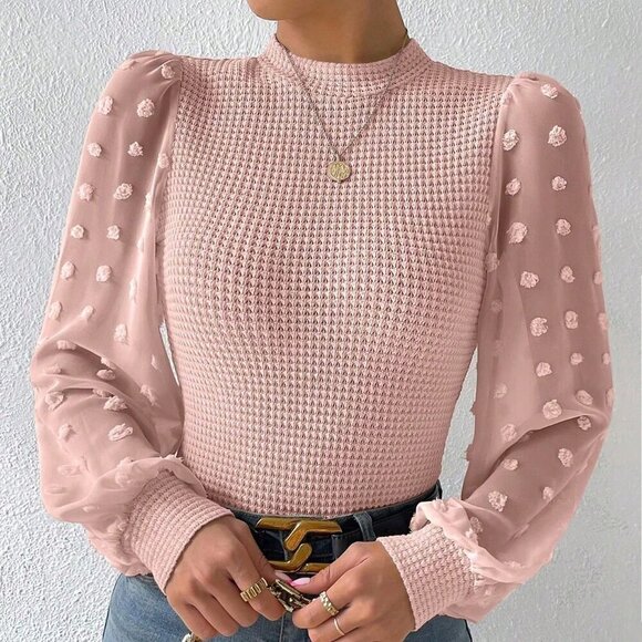 Pink Elegant Women's Stand Collar Mesh Contrast Long Sleeve Blouse - Picture 4 of 6